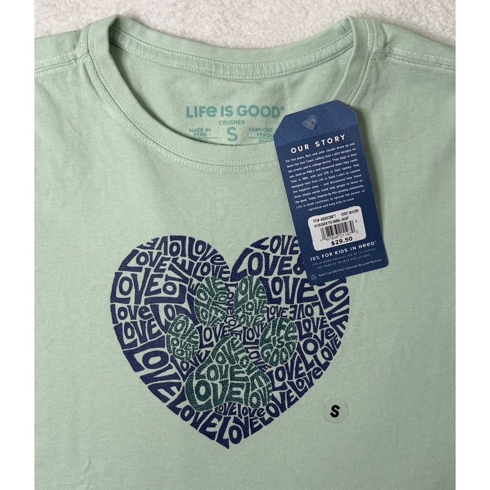 NWT Women's Life is Good Animal Heart Love Paw Print Sage Green SS Crusher Tee S
